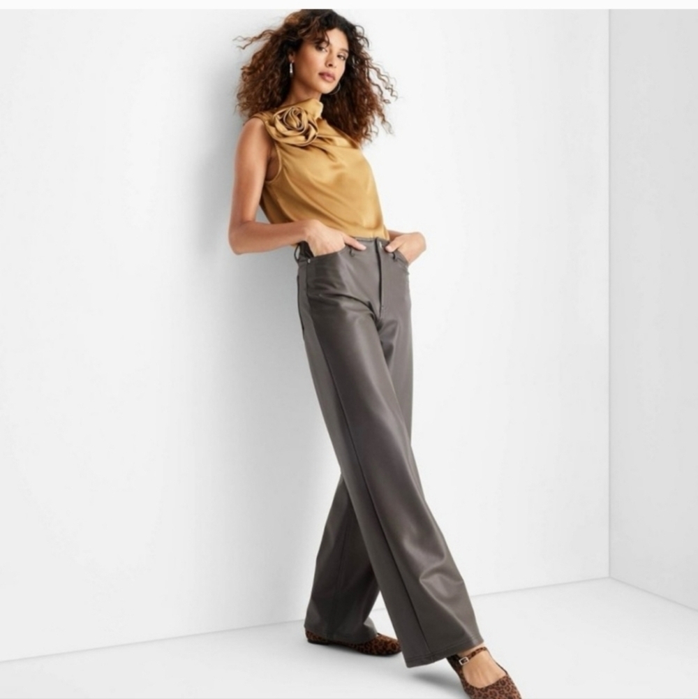 Woman's Faux Leather Brown Wide Leg Relaxed Pants - Future Collective - 10